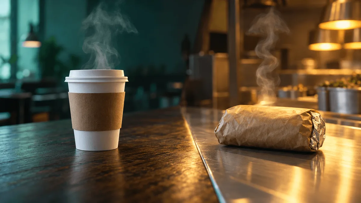 A split still-life scene showing a plain coffee cup on a dark counter under cool light merging with a plain wrapped food item on a steel counter under warm light, symbolizing two companies' rumored merger.