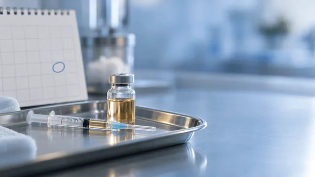 A syringe and vial on a steel tray beside a wall calendar with one date circled, symbolizing a once-monthly injectable medication.