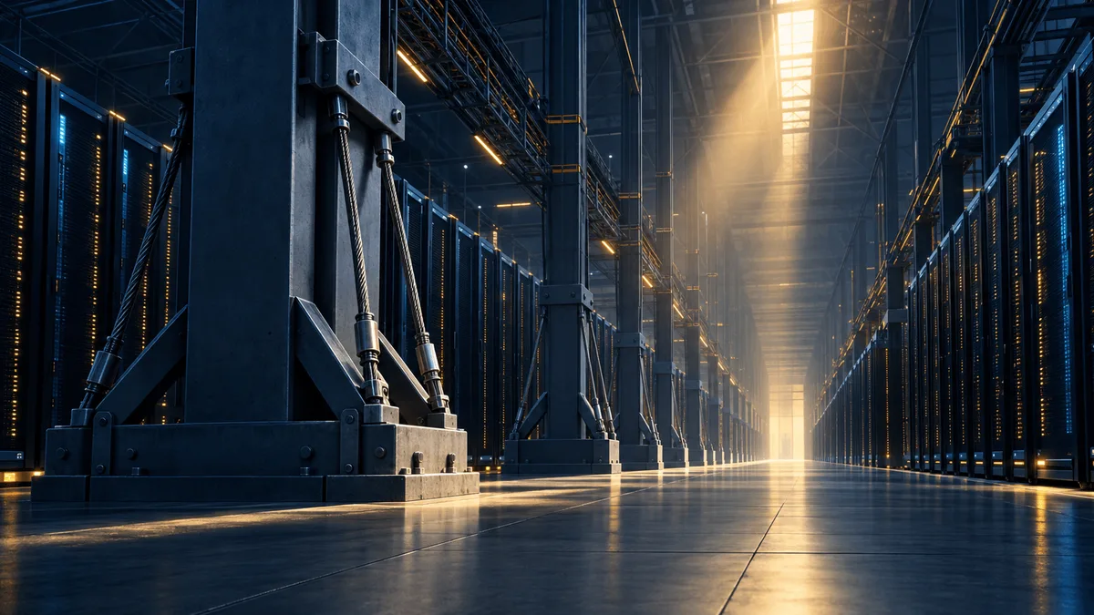 Wide editorial illustration of a massive data-center hall with server towers receding into the distance, braced by a heavy reinforced structural column in the foreground, lit by a single shaft of warm overhead light.