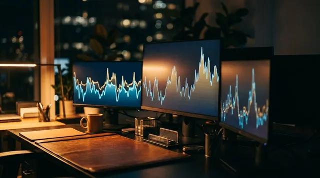 A lone trader sits focused at a multi-monitor setup displaying volatile, jagged stock charts with sharp peaks and valleys, bathed in the cool blue glow of the screens against a dark background. The charts visibly show choppy, unpredictable price action with some positions holding steady amid the chaos, symbolizing disciplined calm in an unstable market. The overall mood is intense but controlled — conveying the tension of navigating a turbulent market with a steady, strategic mindset.