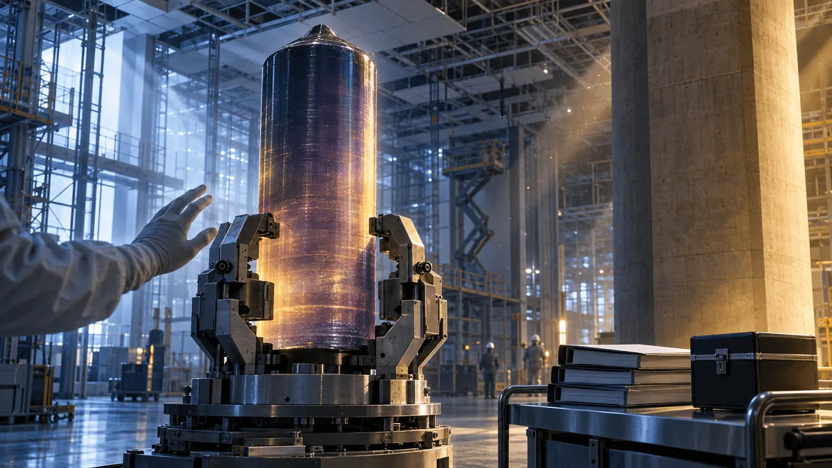 A half-built industrial fabrication hall where a glowing silicon-carbide crystal ingot is held by partially closed robotic clamps, flanked by unfinished structural steelwork and a plain institutional concrete pillar, with blank binders and a sealed case resting on a cart nearby.