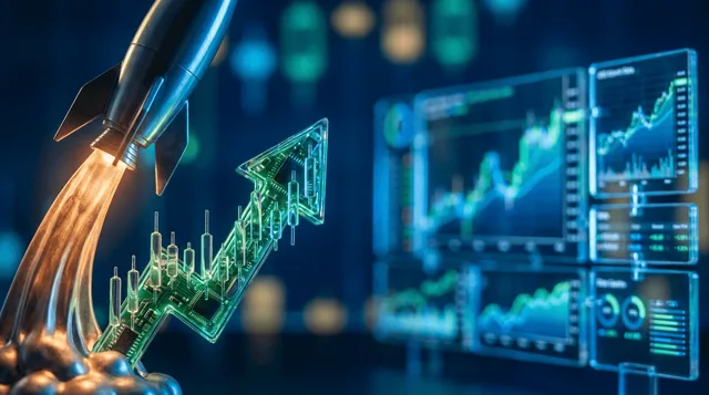 A dynamic split-scene composition showing a rocket launching upward against a backdrop of glowing green stock ticker screens and upward-trending chart lines, symbolizing both the SpaceX IPO excitement and the broad market surge.
