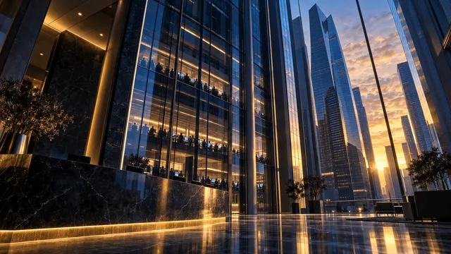 Dusk view of a grand financial skyscraper with glowing trading floors and polished stone lobby, evoking corporate strength and record financial performance.