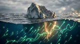 A split-screen financial visualization showing a large, visibly struggling iceberg above the waterline representing mega-cap tech stocks, while beneath the surface, dozens of smaller, glowing green upward-trending chart lines illuminate the depths. The underwater scene pulses with hidden energy and momentum, contrasting sharply with the grey, choppy waters above. This iceberg metaphor powerfully captures the idea of a broad market recovery happening invisibly beneath the dominant narrative.