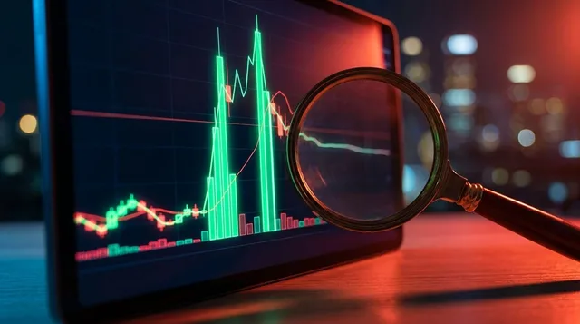 A close-up of a stock trading chart on a dark screen showing a massive volume spike bar towering above normal bars, with a magnifying glass hovering over it revealing the price action that follows is flat or fading. The contrast between the dramatic spike and the underwhelming aftermath visually captures the illusion of conviction. Dramatic neon green and red lighting adds tension and urgency, reinforcing the idea that what looks powerful on the surface may be misleading.