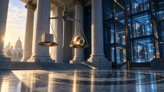 Editorial illustration of a federal building's columns merging into a glass vault structure, with a large steel balance scale weighing a document stack against a crystalline coin-shaped object, symbolizing new financial regulation.