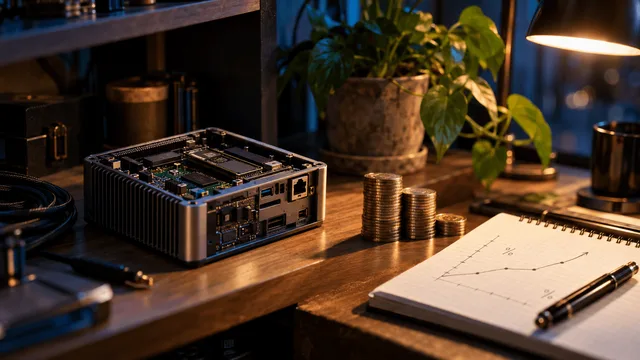 A tidy home workshop shelf at night holds a small fanless mini-computer with its case open, cables coiled neatly beside it, next to a stack of thirty-two identical brass coins arranged like collateral.