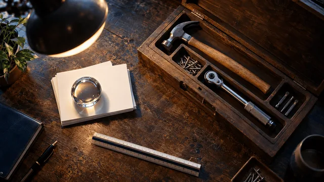 A top-down shot on a worn wooden desk: a wooden toolbox lies open, its compartments holding a hammer, a few loose screws, and a small torque wrench, each tool resting in its own molded slot.