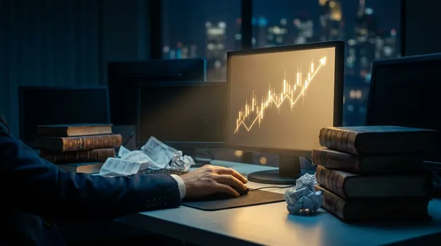 A lone trader sits at a desk with a single illuminated monitor displaying one clean, focused chart pattern, while a scattered pile of trading books, printouts, and multiple unused screens sit pushed aside in the shadows. The contrast between the clutter and the single point of focused light emphasizes the concept of simplicity over complexity. The mood is calm and deliberate, with the trader's posture suggesting quiet confidence rather than frantic searching.