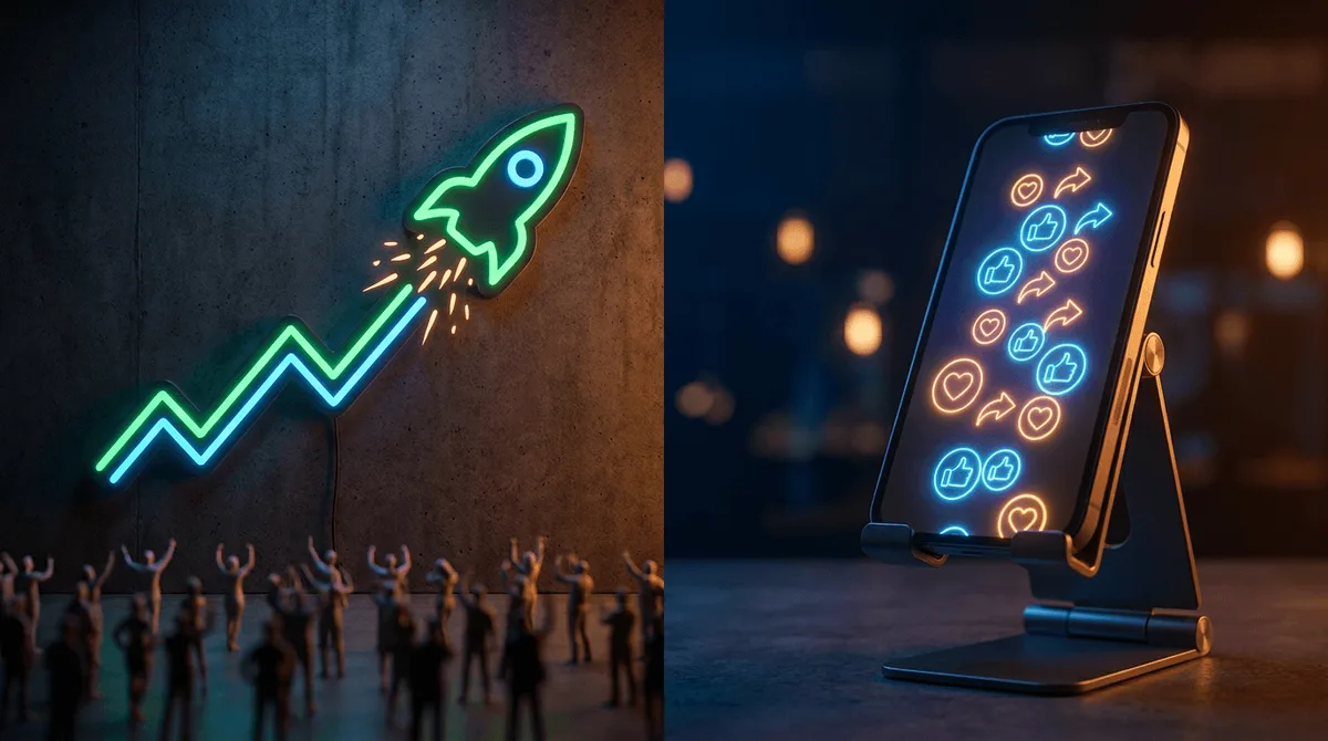 A split-screen composition showing a rocket-shaped stock chart line shooting dramatically upward on one side, while a smartphone screen glows with cascading social media notifications, likes, and viral symbols on the other.