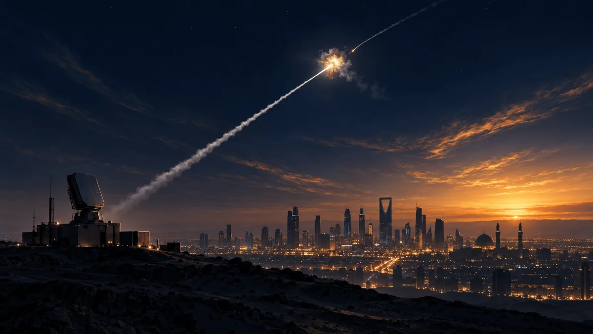 Night sky over a stylized Middle Eastern capital skyline shows an interceptor missile streaking upward to meet an incoming missile trail, with a radar installation and city silhouette below under a dawn-lit horizon.