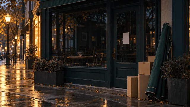 A darkened, closed coffeehouse storefront at dusk with empty chairs inside and moving boxes stacked near the entrance, surrounded by lit neighboring shops.