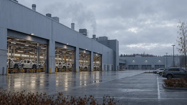 Wide exterior view of a large Nordic car factory with an idle assembly line and a nearly empty employee parking lot under an overcast sky.
