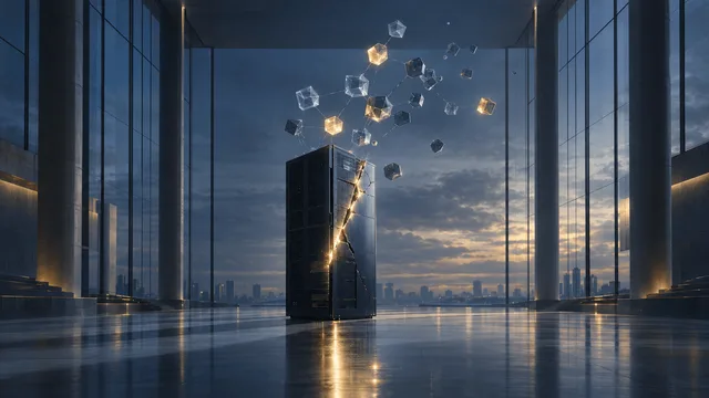A lone, fractured server tower stands in an empty corporate atrium as glowing network nodes drift apart above it, evoking institutional strain without chaos.
