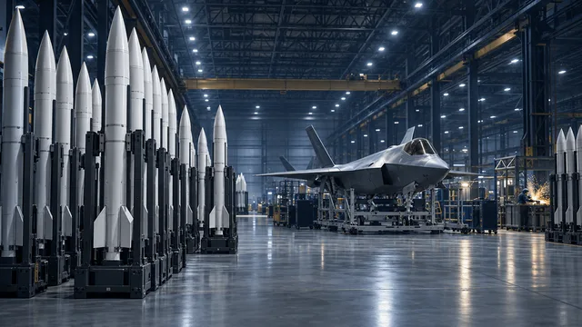 Wide industrial hangar interior with rows of upright missile interceptor bodies and a fighter jet fuselage on an assembly cradle, lit by overhead gantry lights, conveying large-scale defense production.