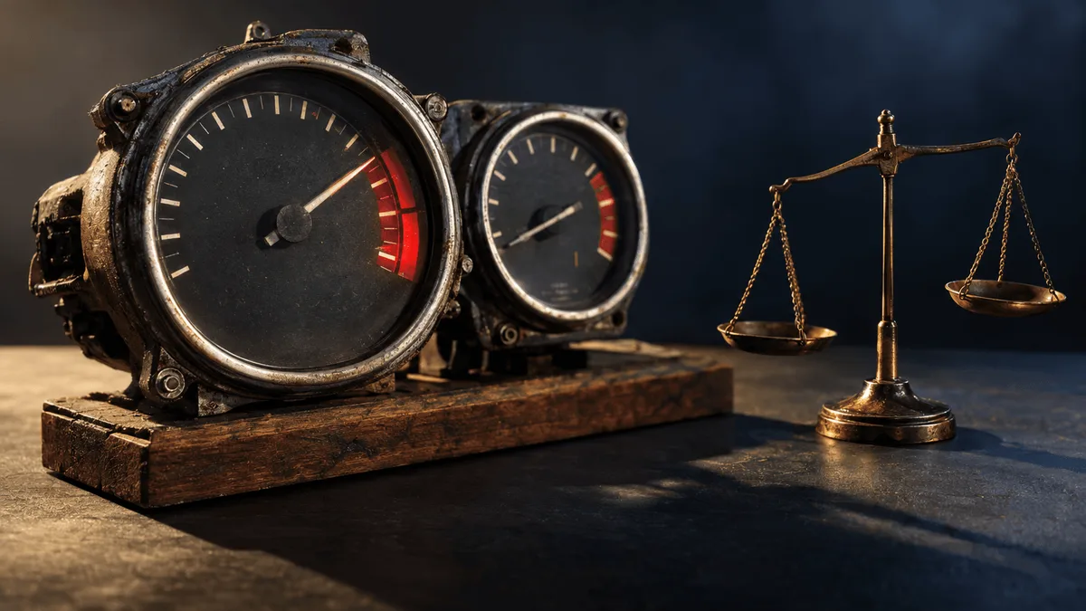 A weathered analog speedometer and tachometer, salvaged from a car dashboard, mounted on a simple wooden stand and photographed close-up with shallow depth of field.