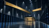 A dim data-center hallway with two unequal hanging measuring beams above glowing server racks and an empty glass conference room in the background, symbolizing a mismatch between reported figures.