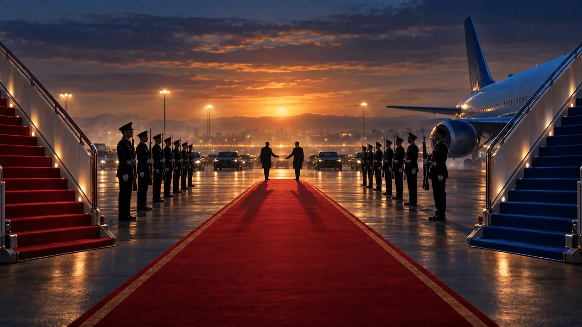 A symmetrical dusk airport tarmac scene with a red carpet between two airstairs, an honor guard, and a state motorcade, evoking a formal diplomatic arrival.