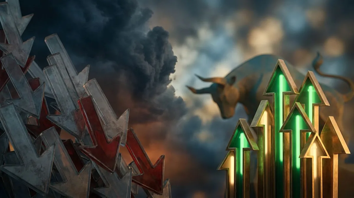 A split stock market scene showing a crowded pack of gray, faded stock ticker symbols or downward arrows on one side, contrasting sharply with a small cluster of bright, glowing upward arrows on the other — visually representing the few winners versus the many that missed the rally. The background could feature a subtle bull silhouette partially obscured by storm clouds, conveying a market that appears strong on the surface but hides significant weakness beneath. The overall color palette should