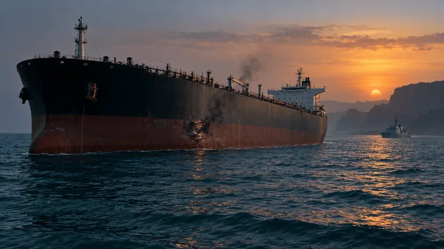 A crude oil tanker at sea near a coastal strait, with faint damage and smoke on its port-side hull at dusk, a distant patrol vessel visible on the horizon.
