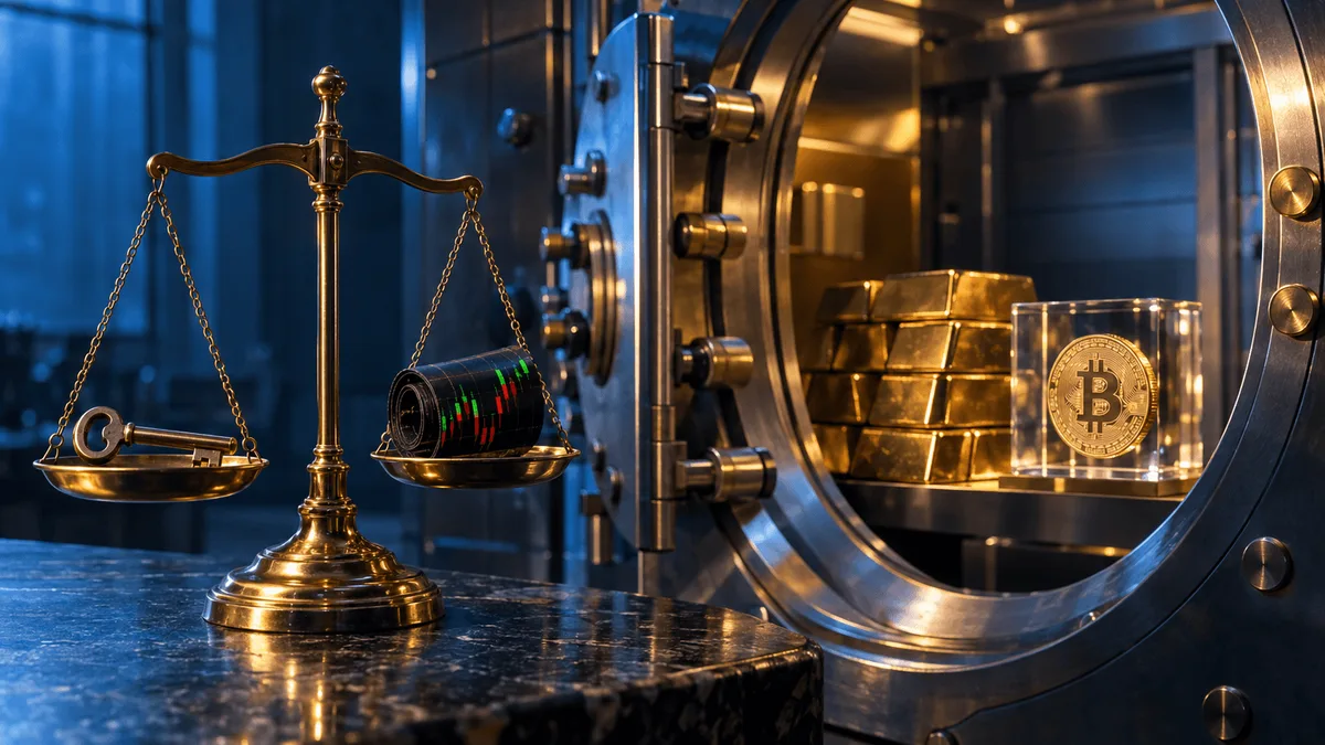 A chrome bank-vault door stands ajar in soft blue light, revealing stacked gold bars arranged beside a small transparent acrylic cube etched with a single bitcoin coin motif, symbolizing custody bridging traditional and digital assets.
