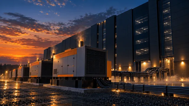 Rows of industrial backup power generators connected by heavy cables stand before a glowing data center building at dusk, with warm light and rising exhaust trails suggesting energy and momentum.