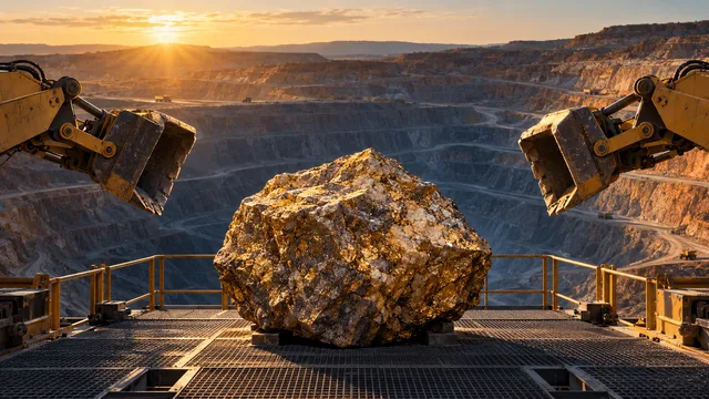 An open-pit gold mine at dawn with a large gold-bearing rock sitting immovable on a platform as two crane arms reach toward it from either side, symbolizing a rejected takeover approach.