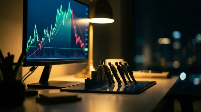 A dramatic close-up of a financial chart displayed on a glowing screen, showing a sharp upward spike followed by a precarious cliff edge, with the chart rendered in electric green and red against a dark background. Surrounding the screen, a crowd of small shadowy figures are all leaning in the same direction, visually representing the concept of a dangerously crowded trade. The overall mood is tense and high-stakes, with dramatic lighting that suggests both opportunity and imminent volatility.