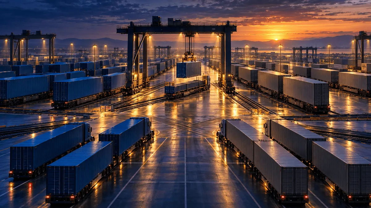 Aerial view of a dusk freight yard where two differently colored trucking and container fleets merge at a central junction beneath active loading cranes, symbolizing a large-scale logistics merger.