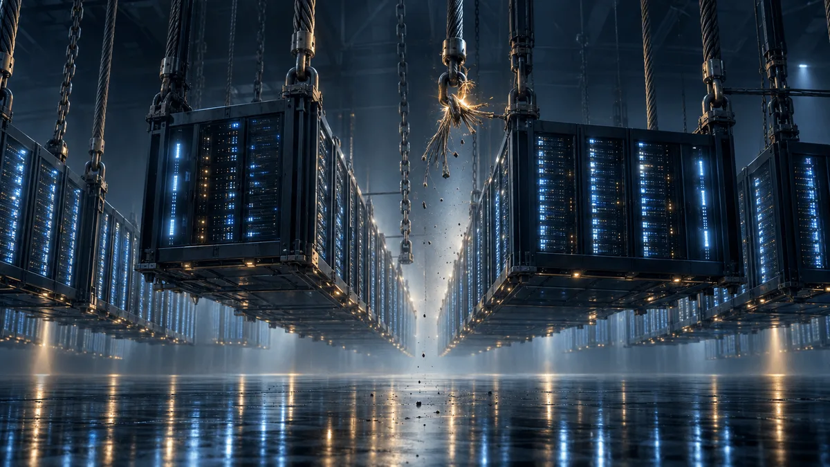 A massive data center of glowing server racks hangs suspended from thick industrial chains anchored to the ceiling, with one central chain's strands visibly frayed and sparking, symbolizing financial strain beneath a large AI infrastructure buildout.