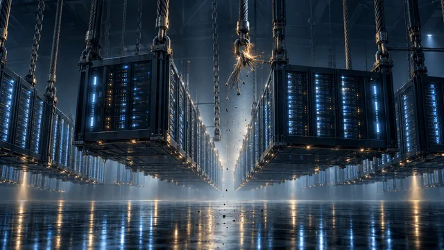 A massive data center of glowing server racks hangs suspended from thick industrial chains anchored to the ceiling, with one central chain's strands visibly frayed and sparking, symbolizing financial strain beneath a large AI infrastructure buildout.