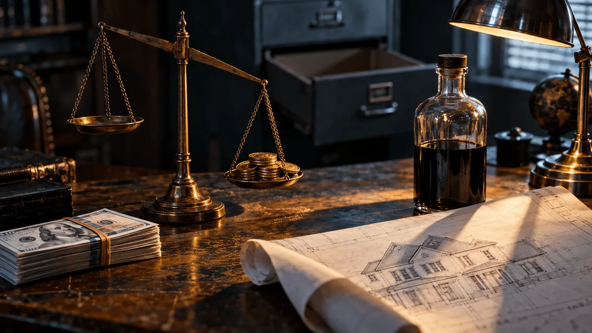 A close-up still life on a scarred oak desk: a stack of crisp hundred-dollar bills bound with a rubber band sits beside a battered antique brass balance scale, one pan empty and rising, the other weighed down by a small pile of gold coins.