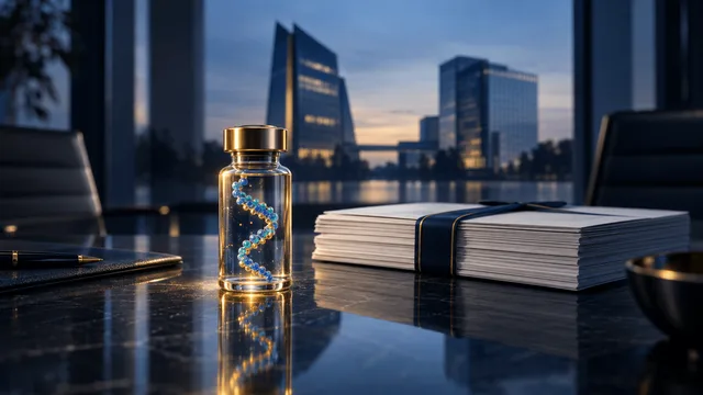 Editorial still-life of a glass vial with an abstract molecular strand beside bound documents on a dark table, with two blurred corporate tower silhouettes merging in the background, symbolizing a pharmaceutical acquisition deal.