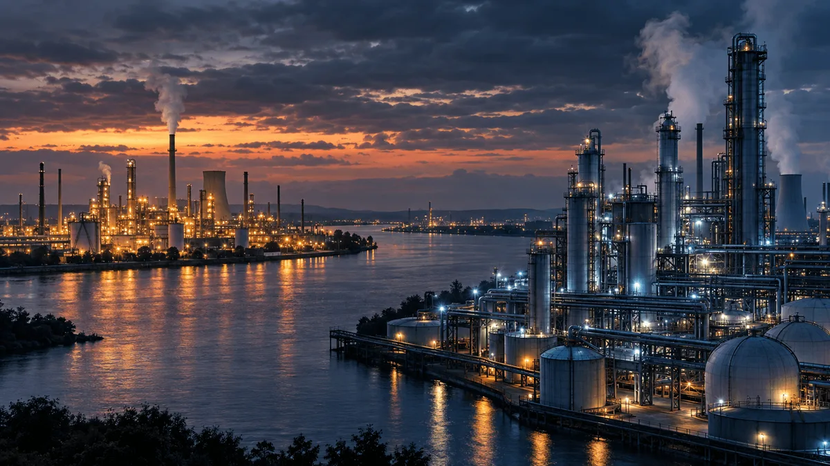 Aerial dusk view of two separate industrial chemical plant complexes facing each other across a river, one warmly lit and one coolly lit, with steam rising into an overcast sky.