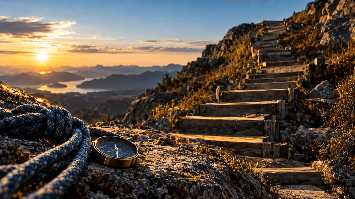 A weathered wooden staircase climbing a rocky hillside, its steps rising unevenly toward the horizon under a clear sky, catches low golden light on each tread.