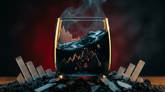 A dramatic cocktail glass filled with swirling dark, toxic-looking liquid sits center frame, with miniature stock market graph lines and tiny falling dollar signs dissolving into the poisonous mixture.