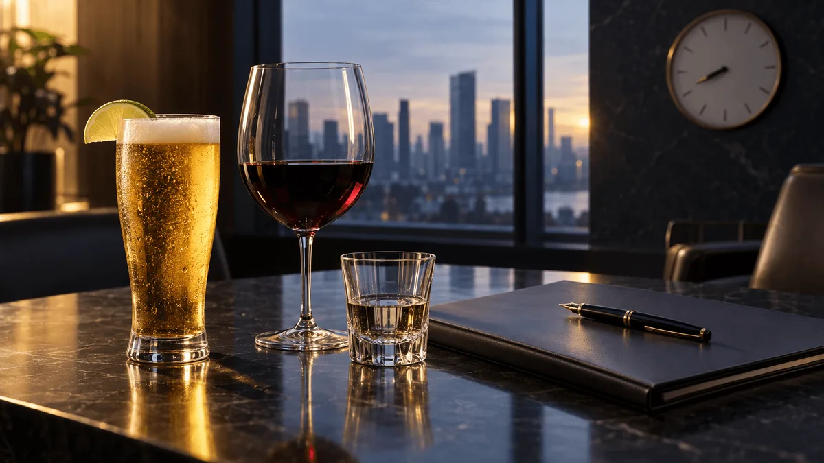 Still life of a beer glass with lime, a glass of red wine, and a small spirit glass on a dark table beside a closed blank folder and pen, with a wall clock and city skyline softly visible in the background.