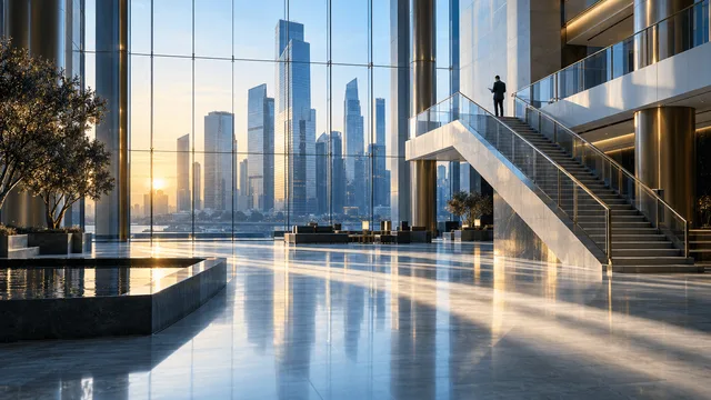 Wide shot of a grand glass-and-steel financial atrium at dawn with converging beams of light pooling on the floor and a lone professional on an upper mezzanine overlooking the space.
