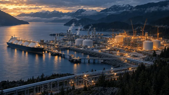 Aerial view of a coastal LNG facility in British Columbia showing existing liquefaction trains beside a large construction zone with cranes, representing an expansion of export capacity, with a tanker docked at a nearby jetty.