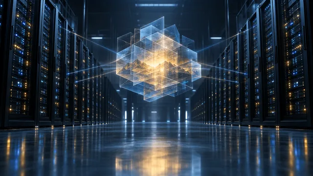 A wide data-center hall with rows of server racks and light beams converging on a glowing abstract geometric form floating in the central aisle, symbolizing the acquisition of an AI world-model startup.