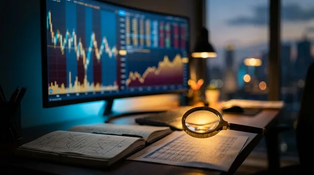A trader sits at a desk with a glowing monitor displaying colorful spreadsheet data, candlestick charts, and performance graphs, with a physical notebook open beside it suggesting active analysis.