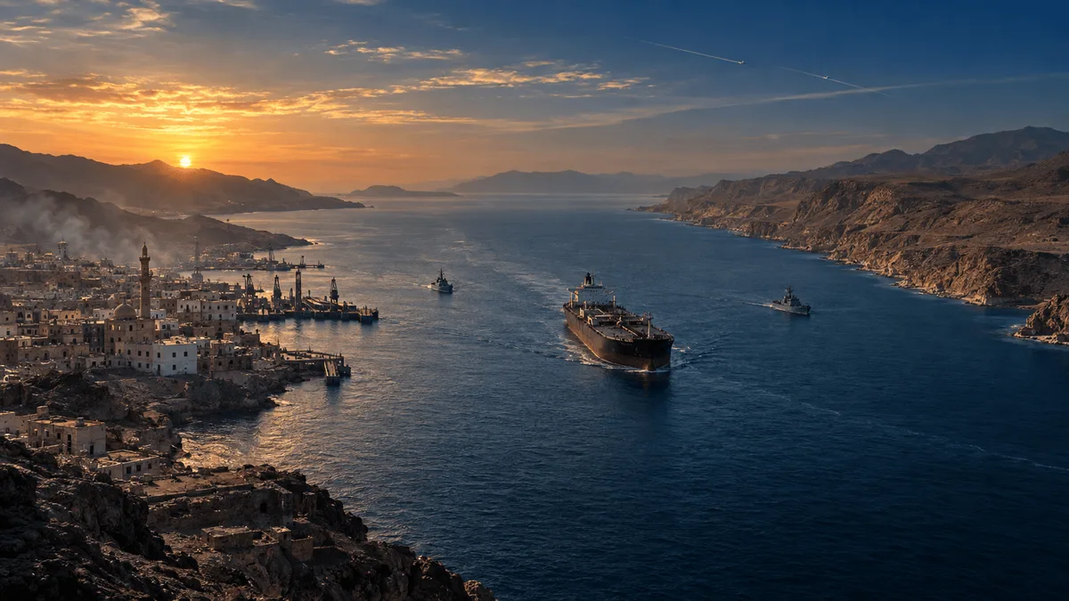 Aerial view of an oil tanker passing through the narrow Bab el-Mandeb Strait at dusk, with a coastal town on one arid shoreline and highlands on the other.