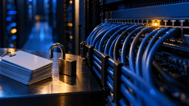A server-room rack bathed in cool blue light, dozens of unmarked network cables converging into a single patch panel where one port glows amber while the rest sit dim.