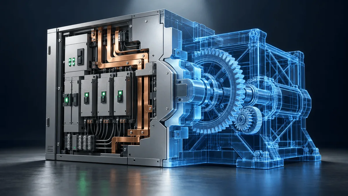 Conceptual image blending an electrical switchgear panel with a glowing blue 3D engineering wireframe model, symbolizing the merging of industrial hardware and software design technology.