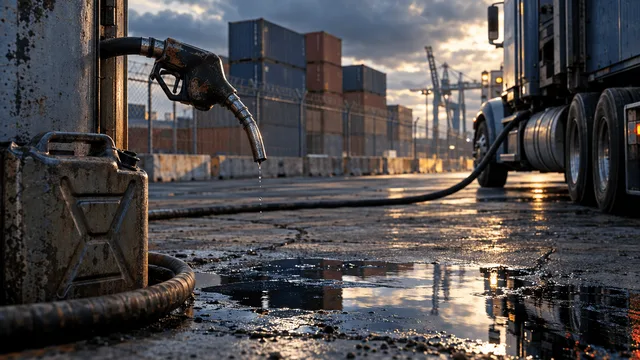 A weathered diesel pump nozzle hangs mid-air over a puddle of spilled fuel on cracked concrete, its hose stretched taut toward an idling long-haul truck in the background, while stacked steel shipping containers loom beyond a chain-link fen