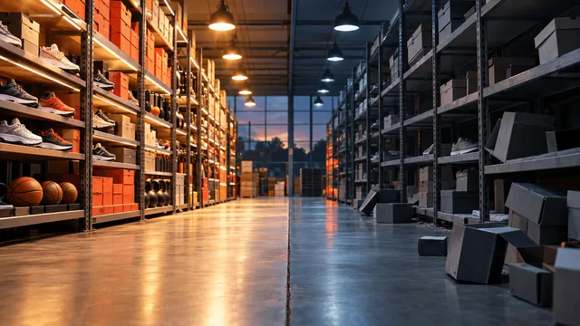 A single warehouse retail aisle split visually in half: one side bright, orderly stacks of shoeboxes and sporting goods under warm light, the other side dimmer, disorganized shoeboxes under cooler light with a faint red discount glow, symbolizing diverging performance between two parts of one retail business.