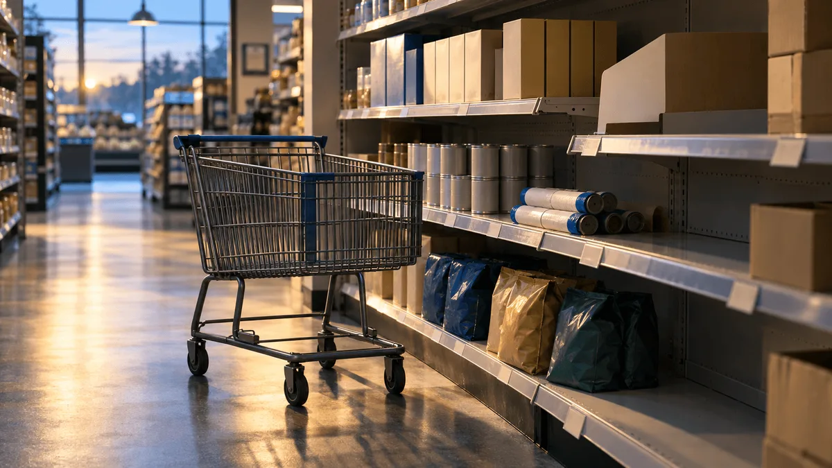 A dimly lit grocery aisle at dawn with partially empty shelves, unlabeled boxes, an empty shopping cart, and a gap where a refrigerated case once stood, symbolizing retail sales softness and a completed yogurt divestiture.