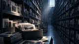 A dim, expansive photo archive storage room with rows of shelved negatives and prints, lit by a single shaft of light falling on an open archive box in the foreground.