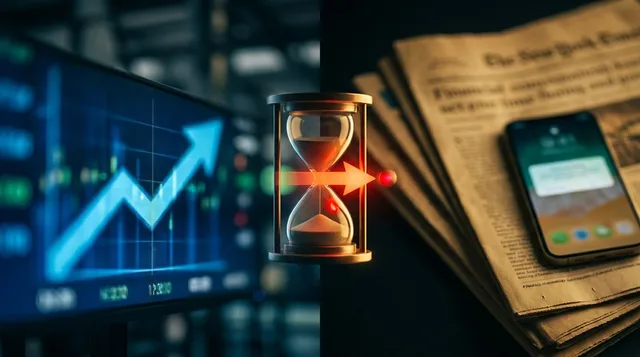 A split image showing a stock chart with a sharp upward price spike on one side, while on the other side, a newspaper headline or news alert notification appears with a significant time delay indicator between them. The visual contrast emphasizes the gap between market movement and explanation, perhaps with the chart's arrow racing ahead while the news lags behind. Muted financial blues and greens dominate, with a bold red or orange highlight on the time gap to create immediate visual tension.