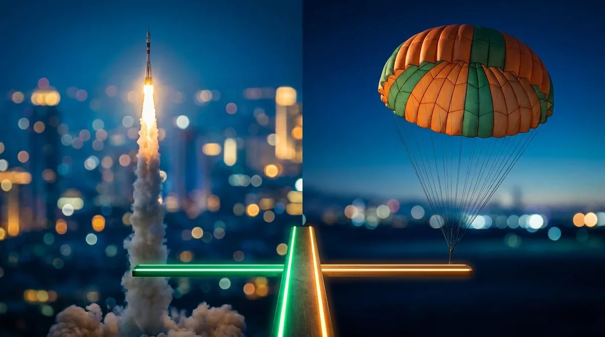 A dramatic split-screen composition showing a rocket launching skyward on one side and a parachute safely descending on the other, both connected by a glowing tightrope or balance beam in the center.